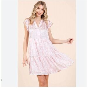 Kemble Pink Abstract Print Tiered Mini Dress Flutter Sleeve Size L